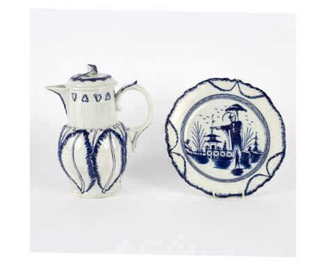 An English pearlware baluster leaf moulded jug, cover and plate, circa 1800, the jug with a flower finial moulded with blue e