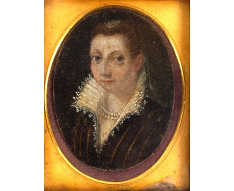 17th Century School/Portrait miniature of a Young Lady/wearing a dress with a lace collar and a two-strand pearl necklace/oil