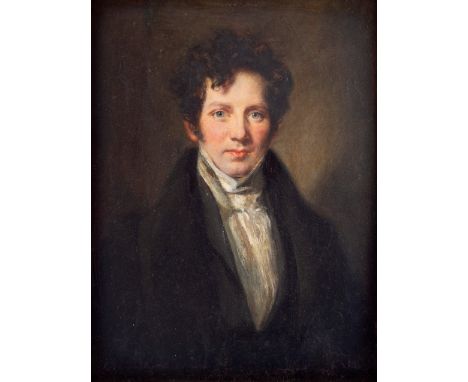 19th Century English School/Portrait of a Young Man/half-length, wearing a black coat/oil on panel, 22cm x 17cm