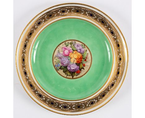 A Derby green ground cabinet plate painted a central roundel of flowers attributed to William 'Quaker' Pegg, within a blue je