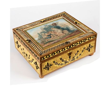 A Regency paper scroll box, the lid with print of Venus and Cupid, the interior with lift-out tray and fitted compartments wi