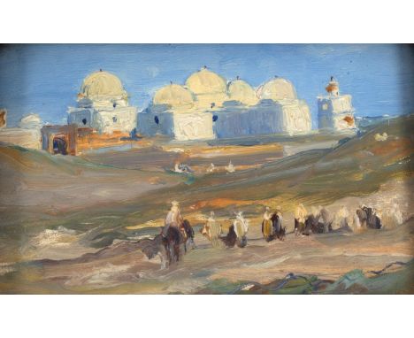 Attributed to Rodolphe D'Erlanger (French 1872-1932)/Distant View of Sidi Bou Said, Tunisia/oil on panel, 10.5cm x 16cm and/T