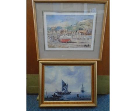 Watercolour of Porlock Weir, Somerset by local artist William Barnett 53cm x 45cm plus After Jan van de Cappelle ships at anc