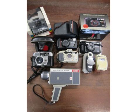 Collection of camera's- Nikon TW zoom, Polaroid land camera 'The Button', Halina Paulette electric, Tickey pocket flashgun an