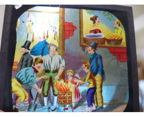 Christmas Carol - 3 1/4 inch x 3 1/4 inch coloured Magic Lantern slides - 12 in total with box