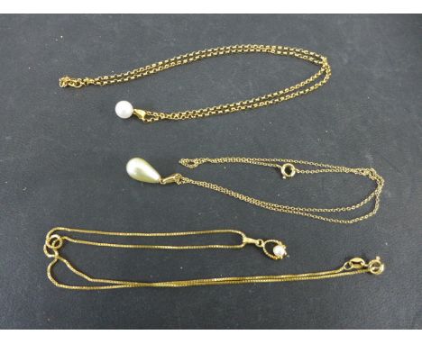 Three pearl pendants, all on 9ct yellow gold chains - Total weight approx. 8.7gms Condition report:  All clean and in good co