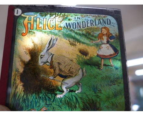 Alice in Wonderland - 3 1/4 inch x 3 1/4 inch coloured Magic Lantern slides - 8 in total with box