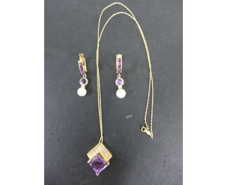 A 14ct yellow gold amethyst and diamond pendant and a pair of 14ct yellow gold amethyst and pearl earrings - length of chain 