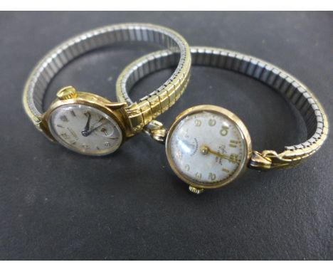 Two 9ct manual wind ladies wristwatches with plated straps - one working