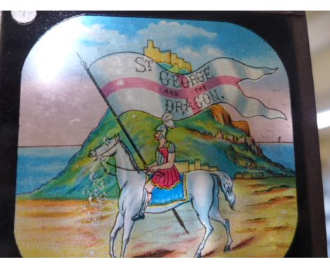 George and the Dragon - 3 1/4 inch x 3 1/4 inch coloured Magic Lantern slides - 12 in total with box
