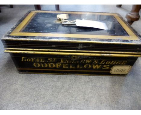 A vintage black & gold tin document box relating to Oddfellows Loyal Guernsey Lodge sign written to the front " LOYAL ST ANDR