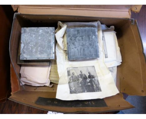 Seven vintage printing press copper/metal halftone & wood photo blocks, depicting members of Oddfellows Loyal Guernsey Lodge 