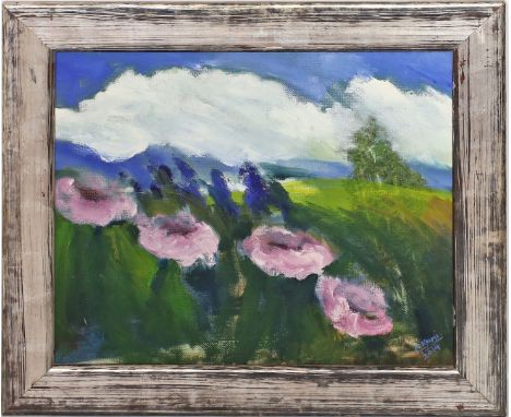 Kani, Alavi (geb. 1955 in Lahidschan, Iran) Blühende Landschaft. Öl/Hartfaserplatte, re. u. sign. und dat. 2014. Ca. 45x 54 c