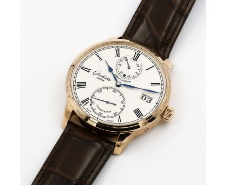 Armbanduhr "Glashütte ORIGINAL". Modell "Senator Chronometer". Rundes 750/000 RG-Gehäuse mit verglastem Boden. Silberfarbenes