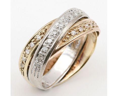 Trinity-Ring. 585/000 GG, WG und RG, brutto 5,2 g. Oberteil besetzt mit kleinen Diamanten, Achtkant. Tragespuren. RW 54.