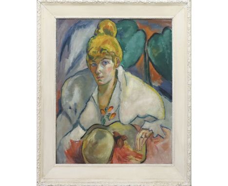 Beyer, Otto (1885 Kattowitz-Berlin 1962) Expressives Damenbildnis mit Hut, vor Landschaft in der Dämmerung. Öl/Lwd. (l. rest.