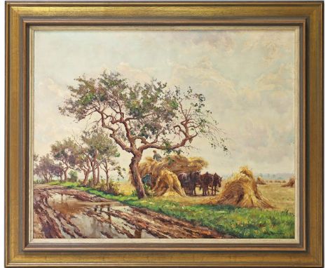 Herrmann, Willy (1895 Berlin 1963) Bauern mit Pferdefurhwerk bei der Heuernte. Öl/Lwd., re. u. sign. Ca. 80x 100 cm. R.