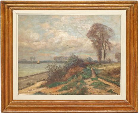 Ebel, Richard (1885 Blumberg/Potsdam - Landau/Waldeck 1919) Rheinlandschaft. Öl/Lwd. (Craquelé, kl. Hinterlegung), re. u. sig