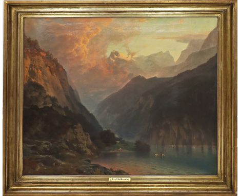Kalckreuth, Stanislaus von (1820 Kozmin bei Posen - München 1894) Gebirgsschlucht und See mit Personen in Ruderboot bei Alpen