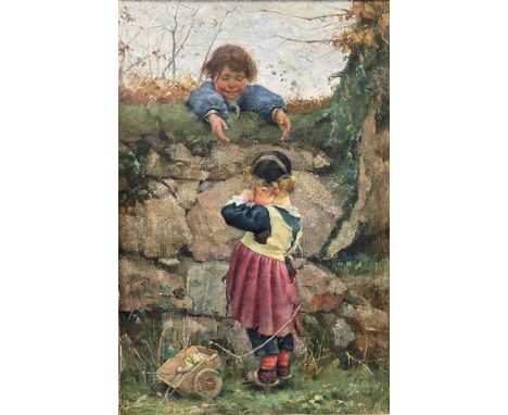 Wiik, Maria Katarina (1853 Helsinki, Finnland 1928) "Este" (Barriere), Abschied - Genreszene mit Geschwisterpaar an Gartenmau