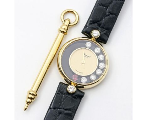 Damenarmbanduhr "Chopard". Aus der Serie "Happy Diamonds". Rundes 750/000 GG-Gehäuse, verglaster Kranz um goldenes Zifferblat