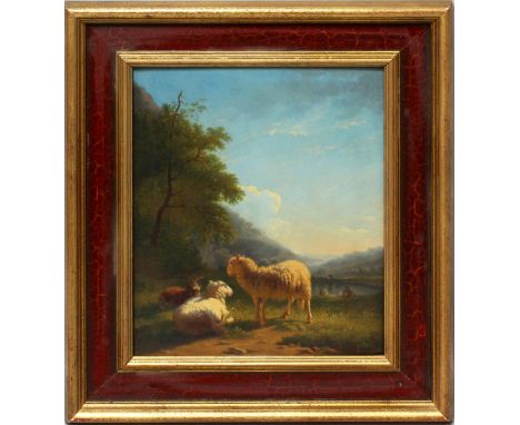 Vermeulen, Andries (1763 Dordrecht – Amsterdam 1814), Umkreis Schäfer mit Herde bei der Rast am Ufer. Öl/Holz, verso bez. und