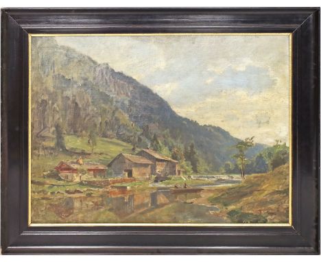 Schnee, Hermann (1840 Treuenbrietzen - Berlin 1926) Studienhafte Darstellung eines Sägewerkes im Tal. Öl/Lwd/Karton (kl. Krat