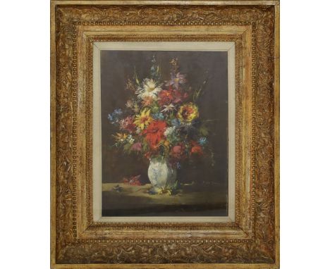 Pallmann, Peter Götz (1908 Berlin 1966) Feldblumenstrauß. Öl/Platte, re. u. sign. 47x 35 cm. R. mit floralem Reliefdekor, 19.