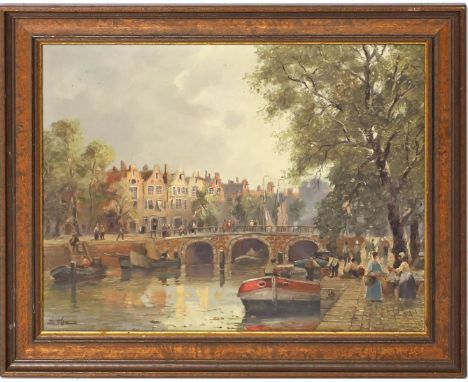 Demmin, Erich (1911 Mecklenburg-Berlin 1997) "Amsterdamer Gracht", so rückseitig bez. Öl/Holz, li. u. sign. Ca. 30x 40 cm. R.