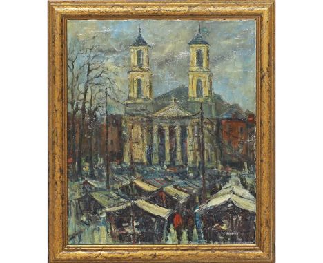 Unbekannter Maler (1. Drittel 20. Jh.) Belebter Marktplatz. Öl/Lwd. (Altersspuren, und rest., 2 hinterlegte Stellen), ca. 70x