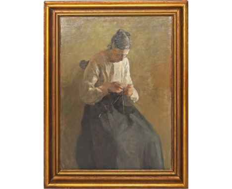 Israels, Jozef (1824 Groningen - Den Haag 1911), att. Strickende Frau. Öl/Lwd. (doubliert), re. u. sign. 95x 70 cm. R.