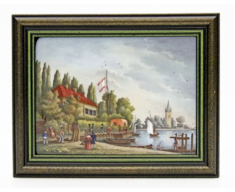 Bildplatte. Bunt gemalte Ansicht von Stralau mit Kirche, "Stralow", so verso betitelt. 20. Jh. D. 12x 16 cm. R.