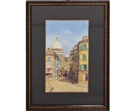 Gianni, Maria (1873-1956) Kleine Gasse in Montmartre mit Sacré-Coeur im Hintergrund. Aquarell, re. u. sign. Blattmaß ca. 35x 