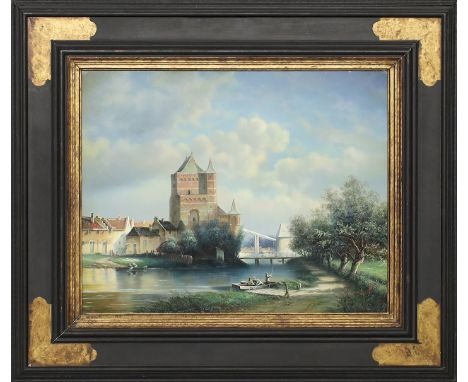 Ronald, David (Holland, 20. Jh.) Holländische Stadt an einem Flusslauf im Sommer. Öl/Holztafel, li. u. sign 40x 50 cm. R.