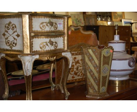 A collection of French style painted and gilt decorated occasional furniture to include a two drawer bedside chest of shaped 