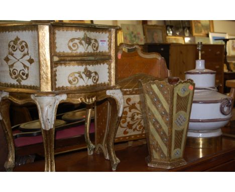 A collection of French style painted and gilt decorated occasional furniture to include a two drawer bedside chest of shaped 