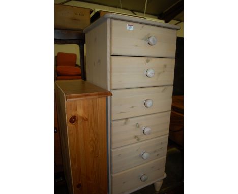 A modern lined pine narrow chest of six drawers; together with a small pine open shelf (2) 