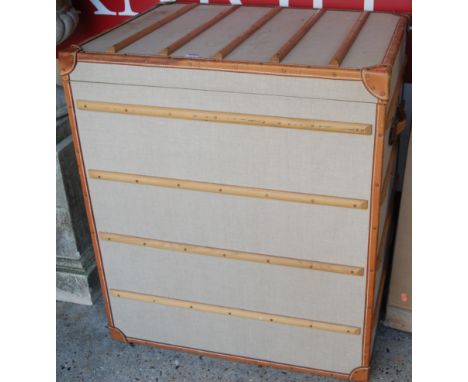 A contemporary canvas, wood, and tan leather bound rectangular travelling trunk, of good size, having removable cover, w.79cm
