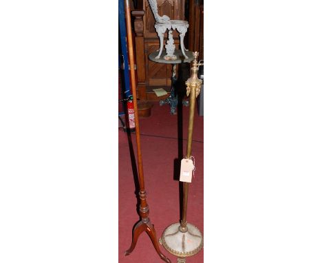 An early 20th century French brass and onyx standard lamp, together with a further turned wood standard lamp (2)