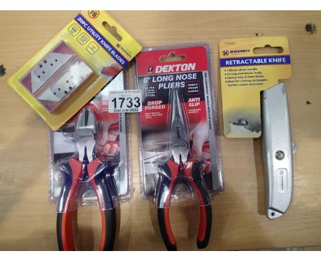 New and unused Dekton 6 inch long nose pliers,  side cutting pliers, new and unused Marksman 20 utility knife blades and a si
