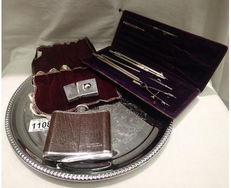 Plated tray with military lighter, hipflask and ring set. P&amp;P Group 2 (£18+VAT for the first lot and £3+VAT for subsequen