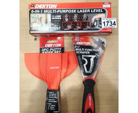 New and unused Dekton three piece putty knife set, new and unused Dekton 2 1/2 inch multi function scaper and a new and unuse