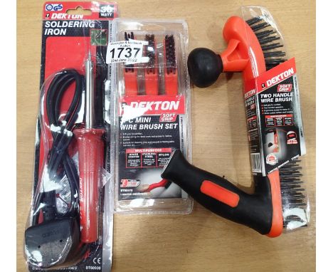 New and unused Dekton soft grip twin handled wire brush, new and unused Dekton three piece mini wire brush set and new and un