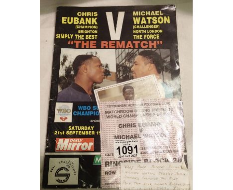 Boxing: Watson Eubank rematch programme with ticket and signed Eubank postcard. P&amp;P Group 2 (£18+VAT for the first lot an