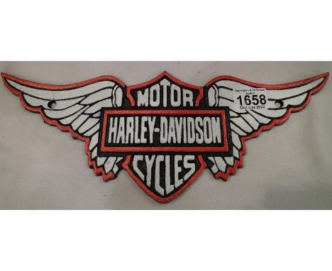 Large cast iron Harley Davidson winged plaque, L: 30 cm. P&amp;P Group 2 (£18+VAT for the first lot and £3+VAT for subsequent