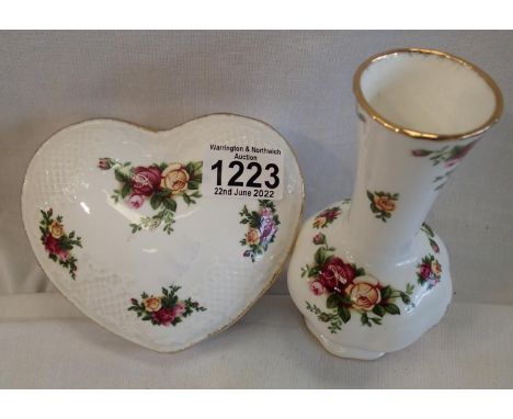 Royal Albert heart shape lidded bowl and bottle vase in the Old Country Roses pattern. P&amp;P Group 2 (£18+VAT for the first