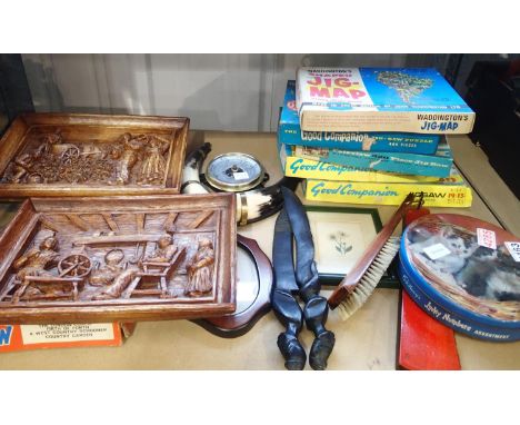 Mixed items to include canvas wooden plaques, jigsaw and a barometer. Not available for in-house P&amp;P, contact Paul O'Hea 