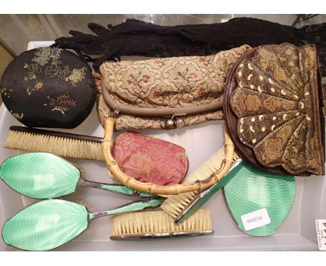 Five white metal bucked guilloche hair brushes and vintage handbags etc. P&amp;P Group 2 (£18+VAT for the first lot and £3+VA