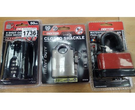New and unused Dekton 50mm closed shackle padlock, new and unused Dekton 50 mm 4 digit combination padlock and new and unused