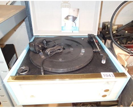 Blue and cream Dansette style automatic record player with bluetooth and MP3 recording. Working at time of lotting. Not avail